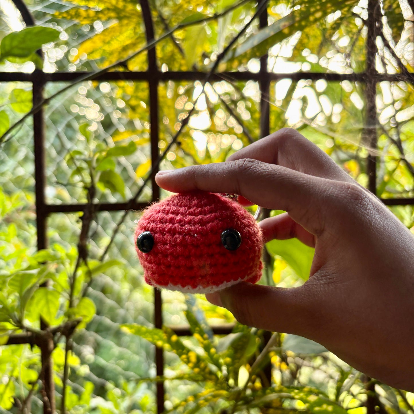 Hand holding a small red crocheted whale with black eyes against a blurred green natural background