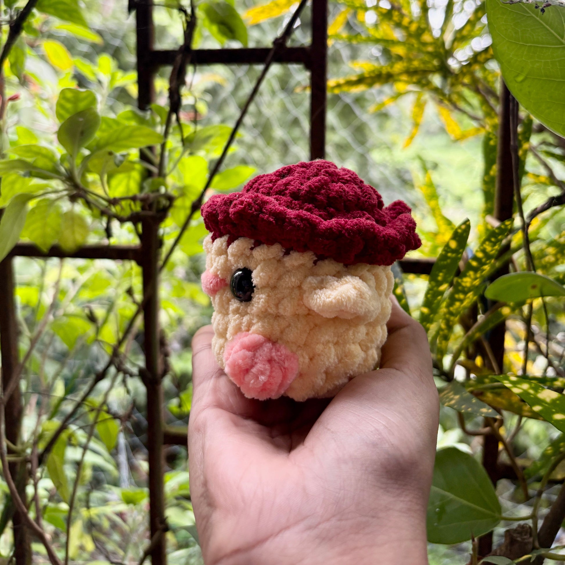 Hand holding a small plush toy with a red hat and pink nose against a green leafy background