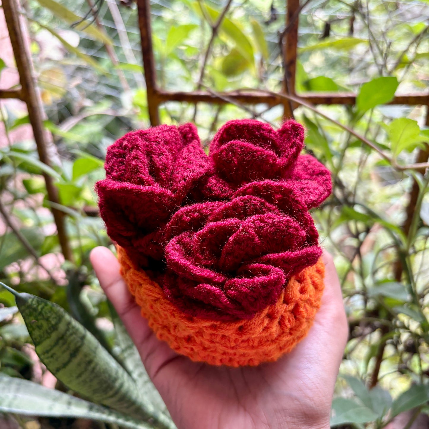 Hand holding a red and orange crochet flower coaster with pot against a natural background