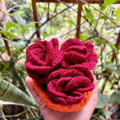 Hand holding a red and orange crocheted flower coaster against a natural background