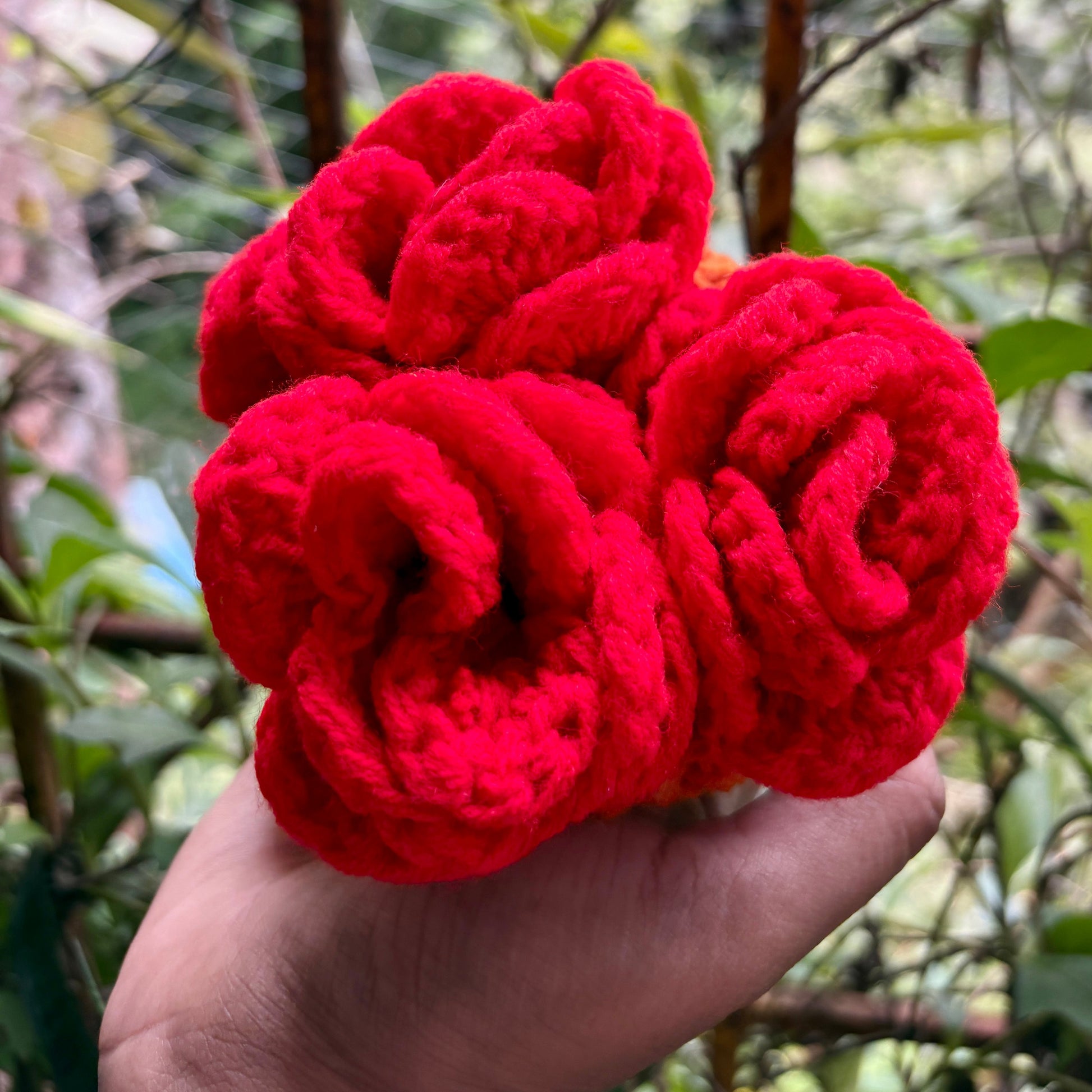 Hand holding a crochet red coaster set of 3 with orange pot against a blurred green outdoor background