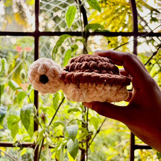 Hand holding a small crochet turtle toy with a garden background